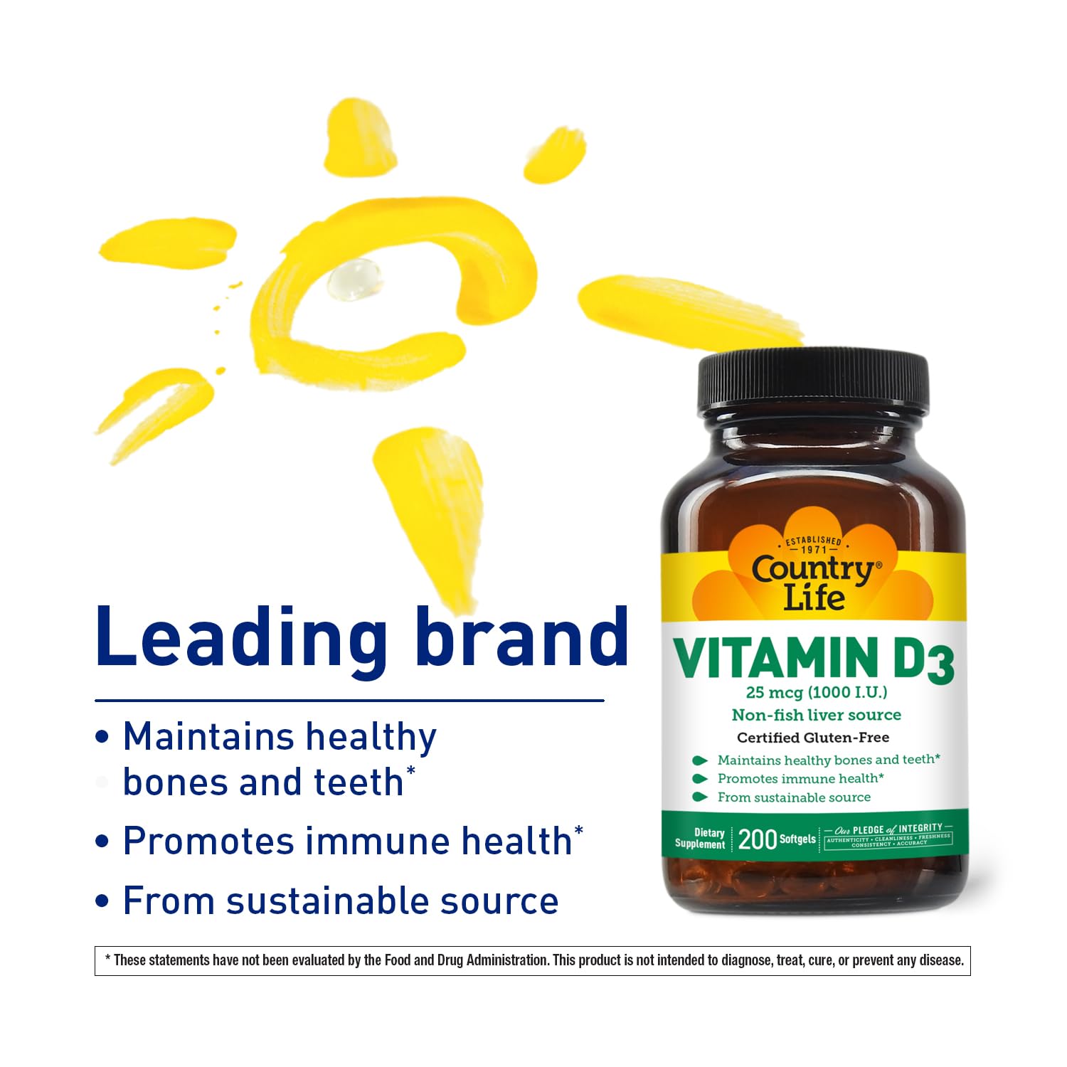 Country Life D3 softgels pour illustration demonstrates easy daily dosing.