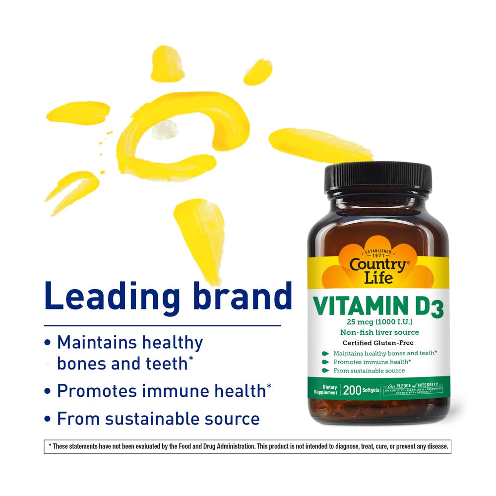 Country Life D3 softgels pour illustration demonstrates easy daily dosing.