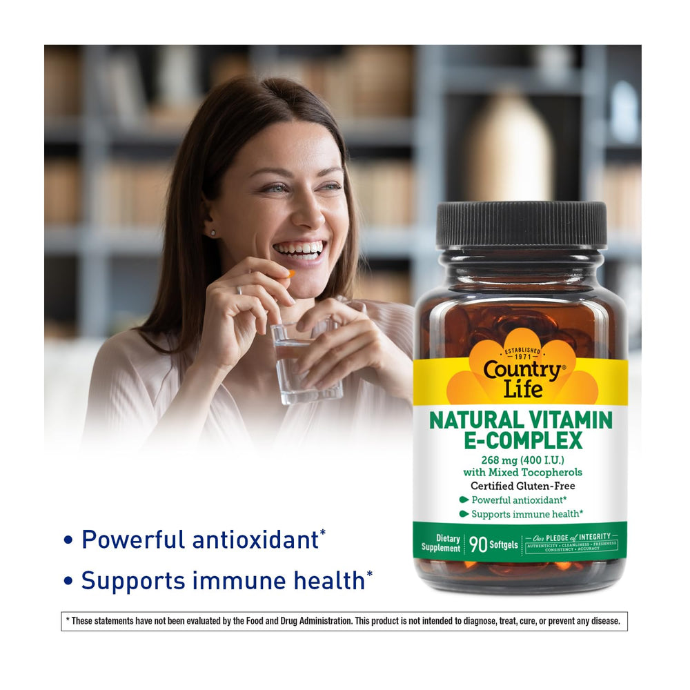 Country Life Vitamin E Complex label closeup highlighting natural mixed tocopherols.