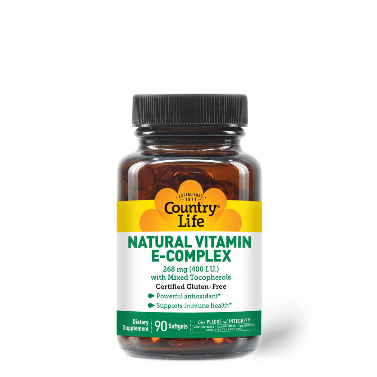 Country Life Vitamin E Complex softgel bottle for antioxidant support in daily routines.