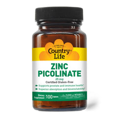 Country Life Zinc Picolinate 25 mg bottle highlighting absorption potential