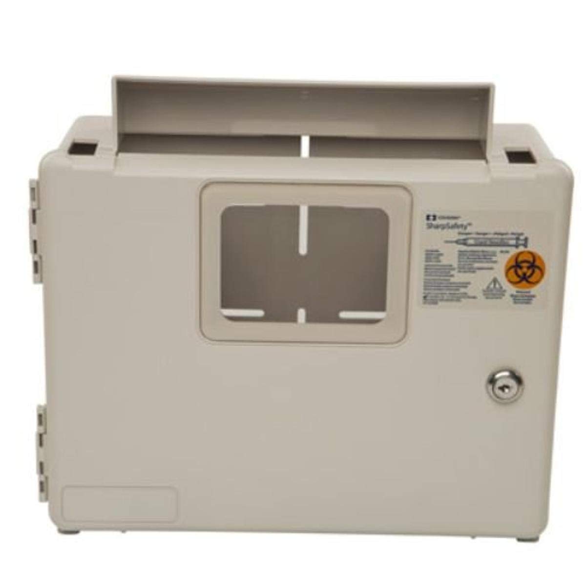 COVIDIEN caja de seguridad para contenedor de agujas en pared, mejora la seguridad y el acceso controlado.
