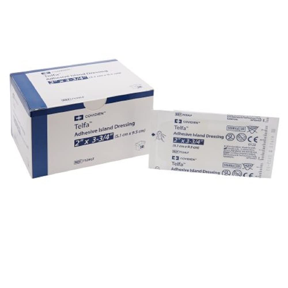 COVIDIEN Telfa adhesive island dressing with border for secure, tape-free wound coverage.