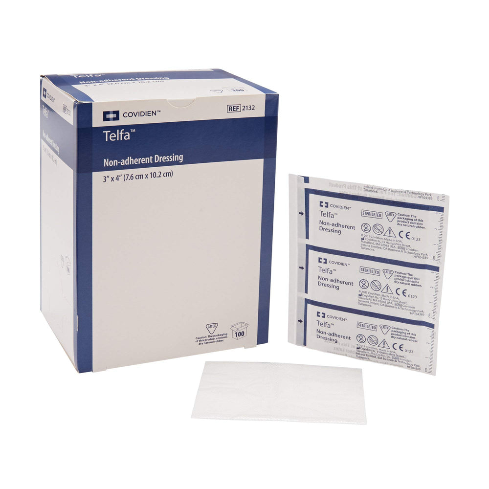 COVIDIEN Telfa ouchless dressing 3x4 with non-adherent film prevents sticking to wounds.