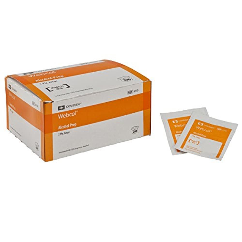 COVIDIEN Webcol toallitas de alcohol esteril grande para limpieza de piel y desinfección rápida.