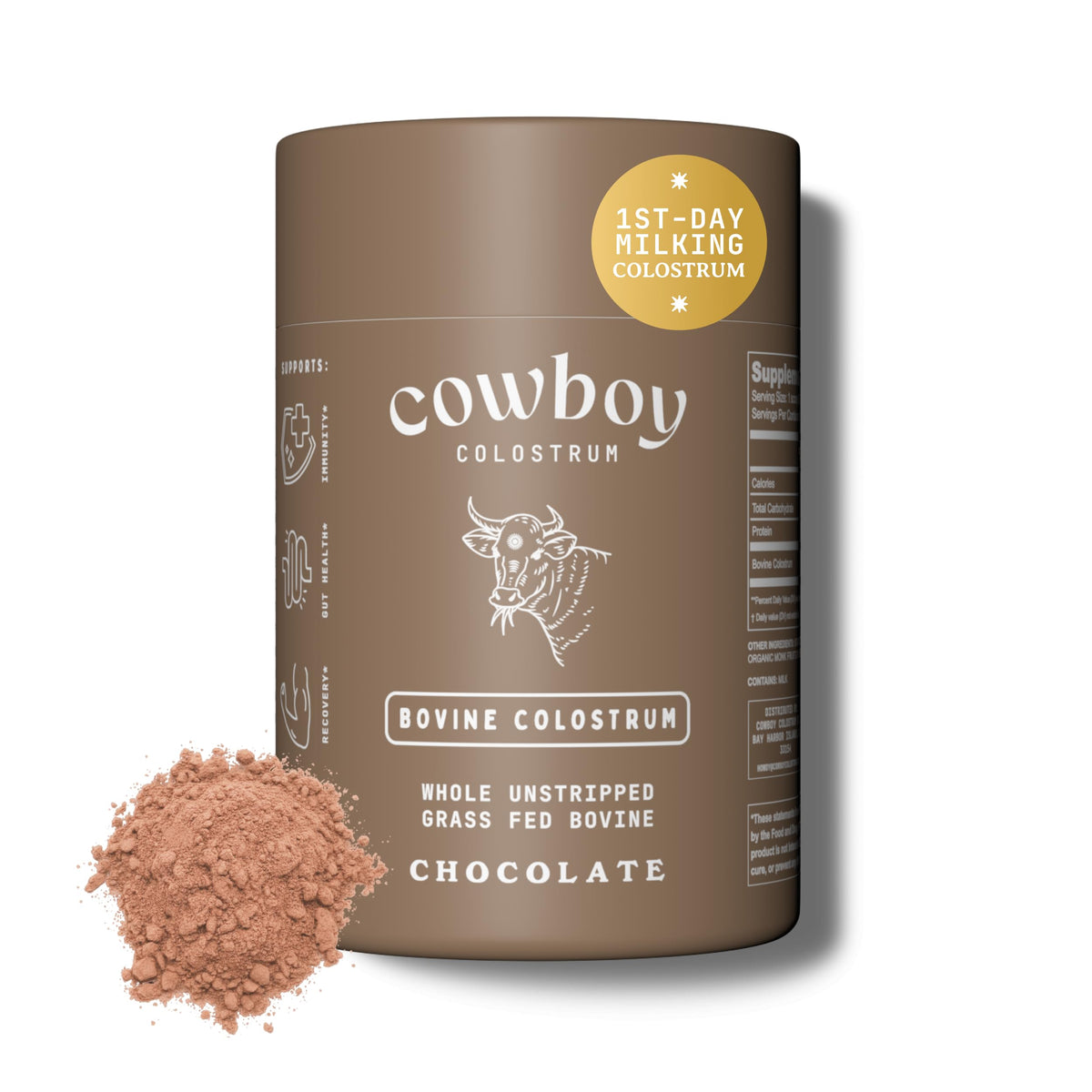 Cowboy Colostrum chocolate bottle, showcasing packaging and potential daily wellness support.