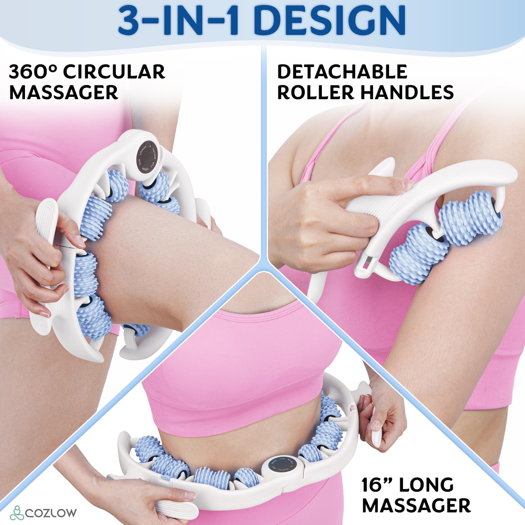 COZLOW cellulite massage roller blue side view showing ergonomic design