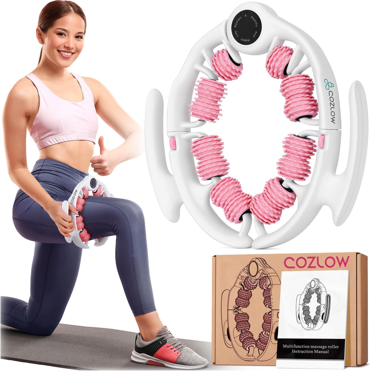 COZLOW pink cellulite roller targeting thighs and buttocks for smoother skin.