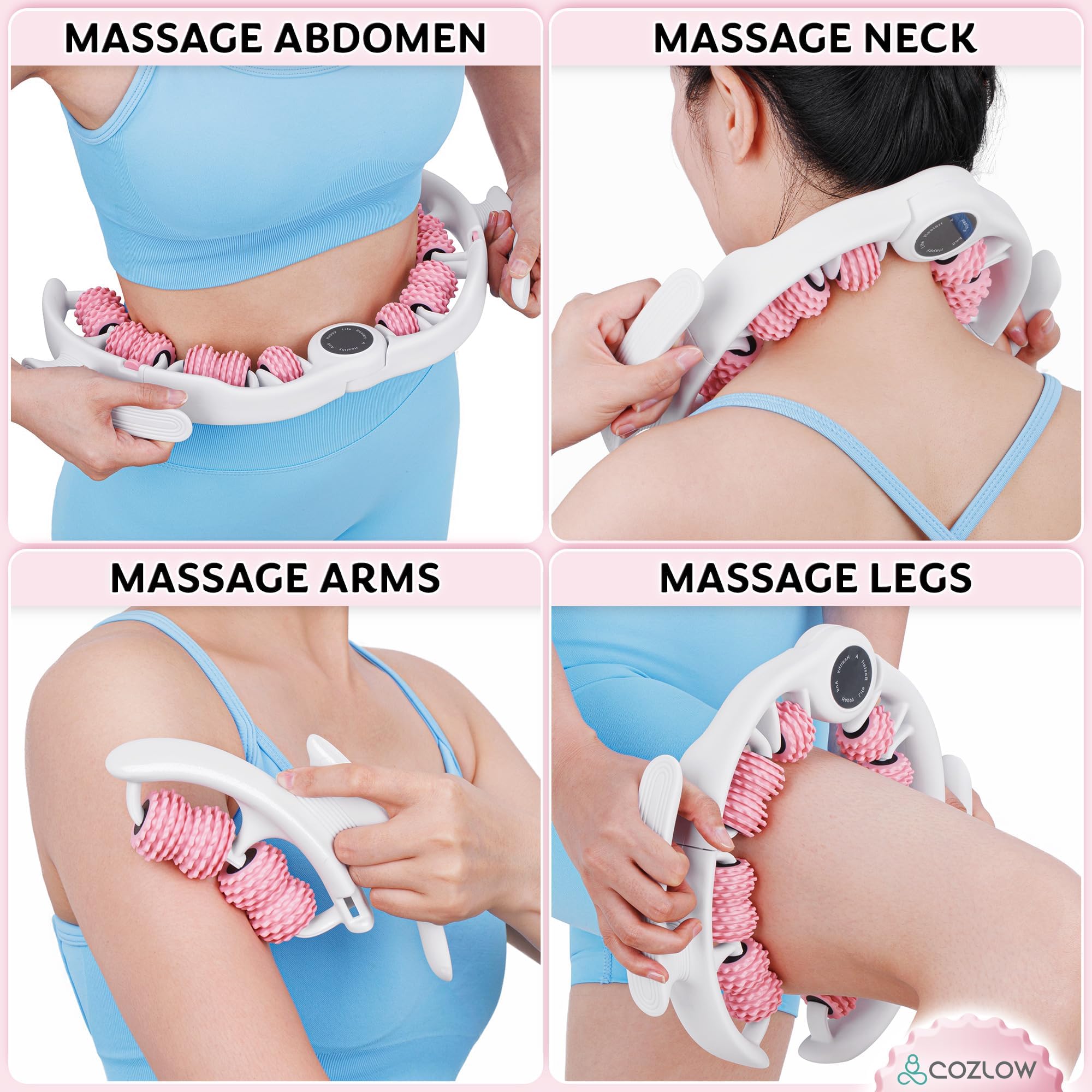 COZLOW detachable handles enable reaching back and shoulders.