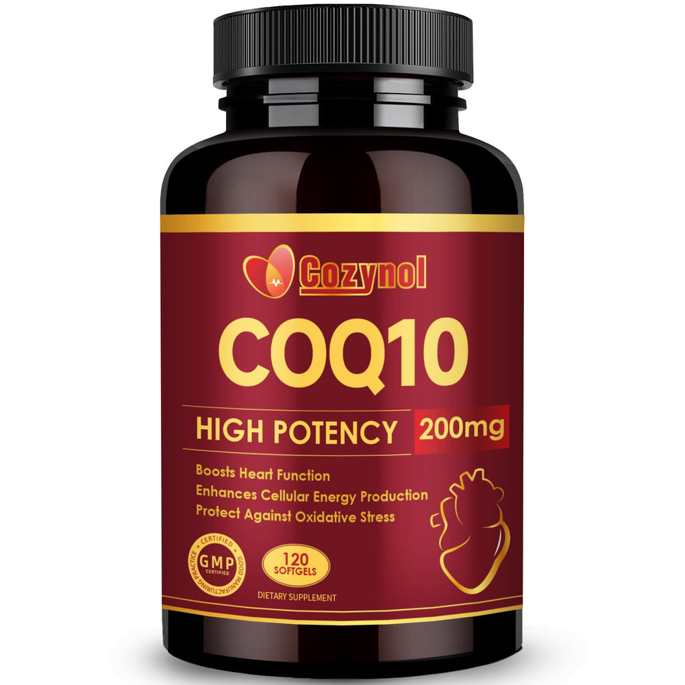 Cozynol CoQ10 200mg softgels in bottle for energy support.