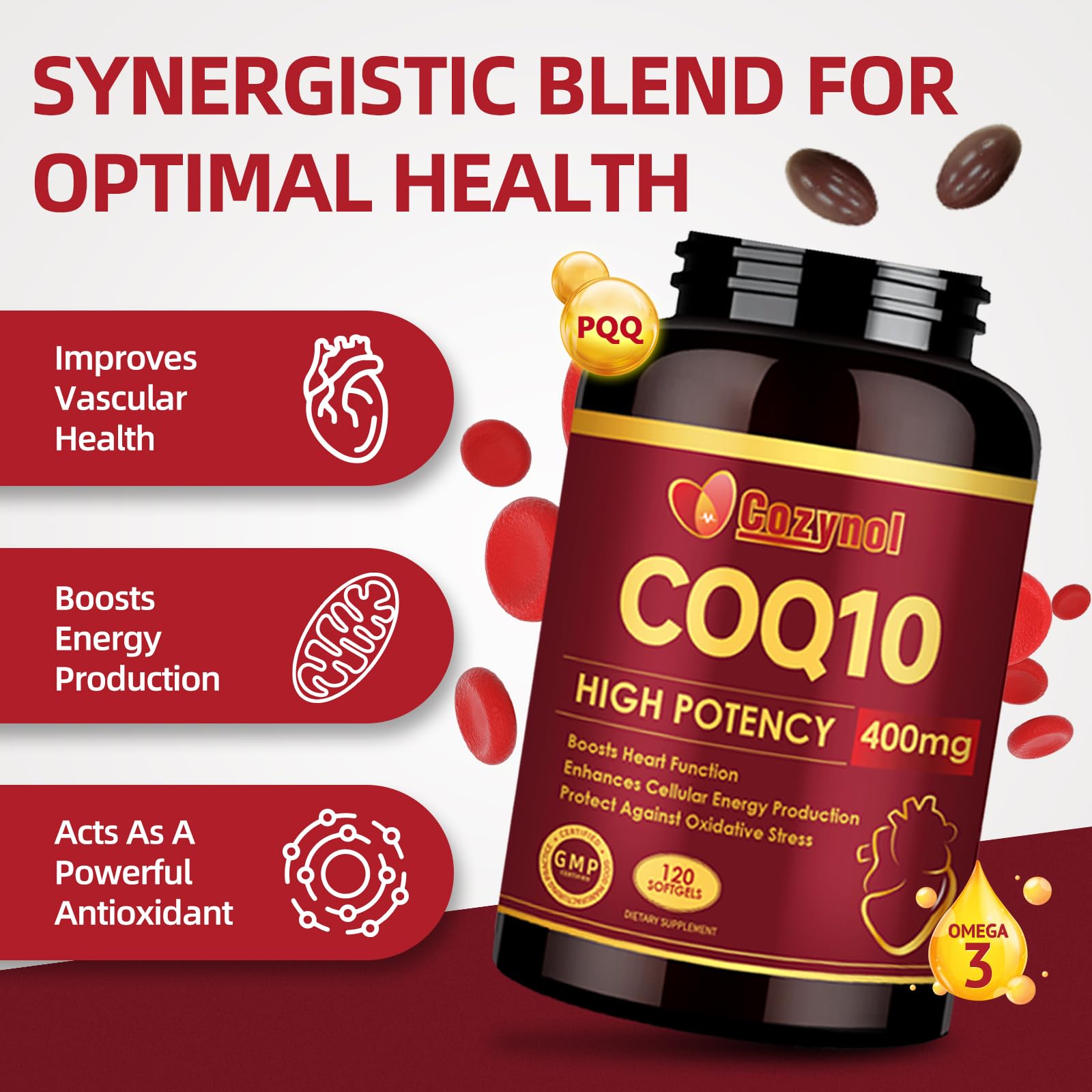 Cozynol CoQ10-400mg softgels label highlights PQQ for mitochondrial support.