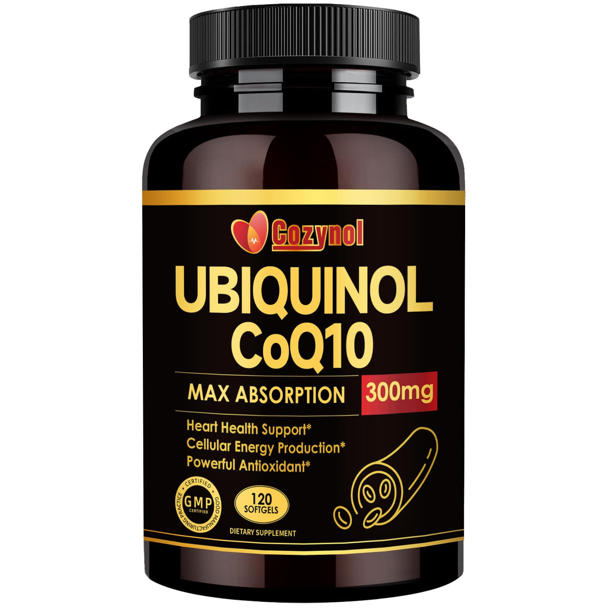 Cozynol Ubiquinol 300mg softgels front label for daily energy support.