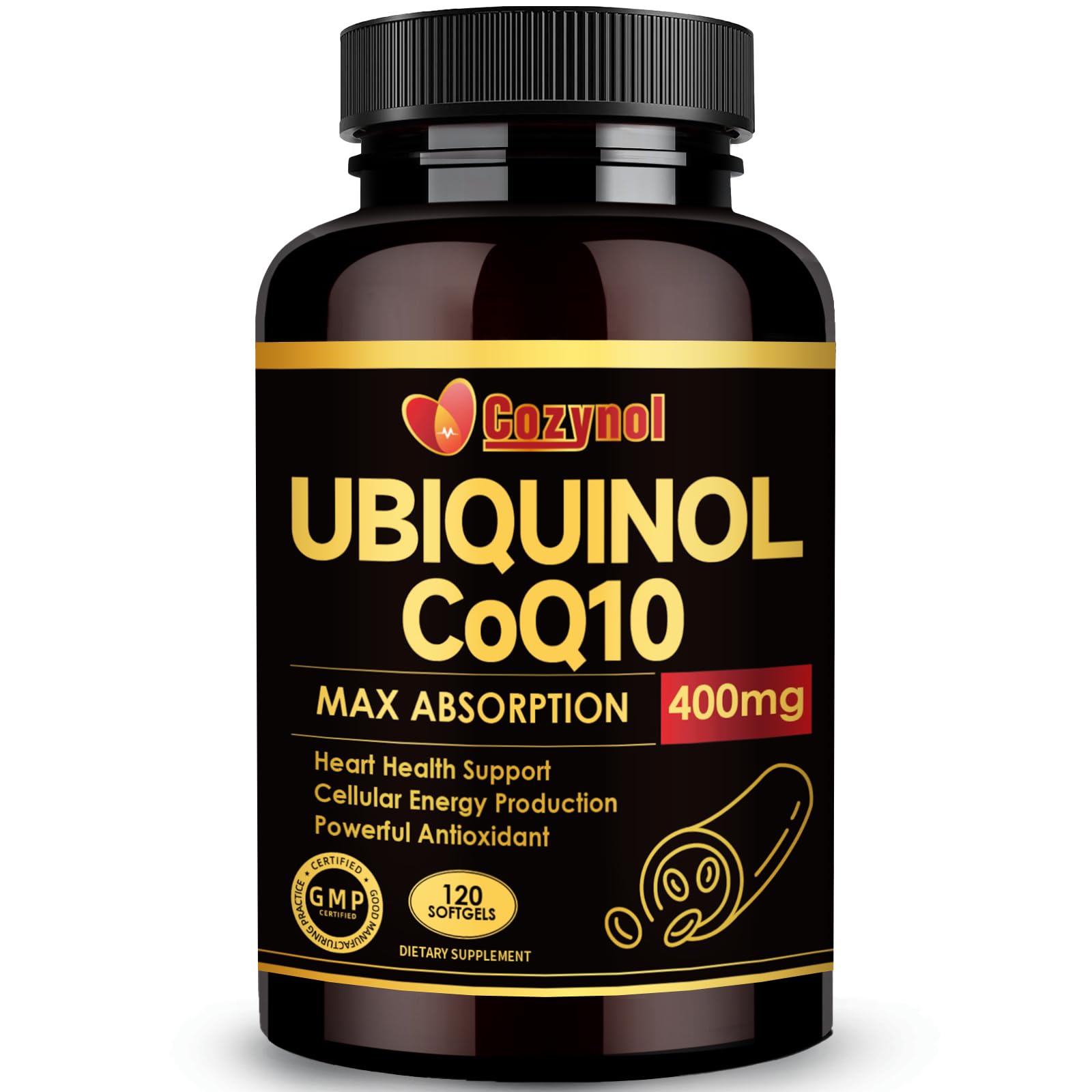 Cozynol ubiquinol CoQ10 softgels bottle closeup highlighting absorption benefits.