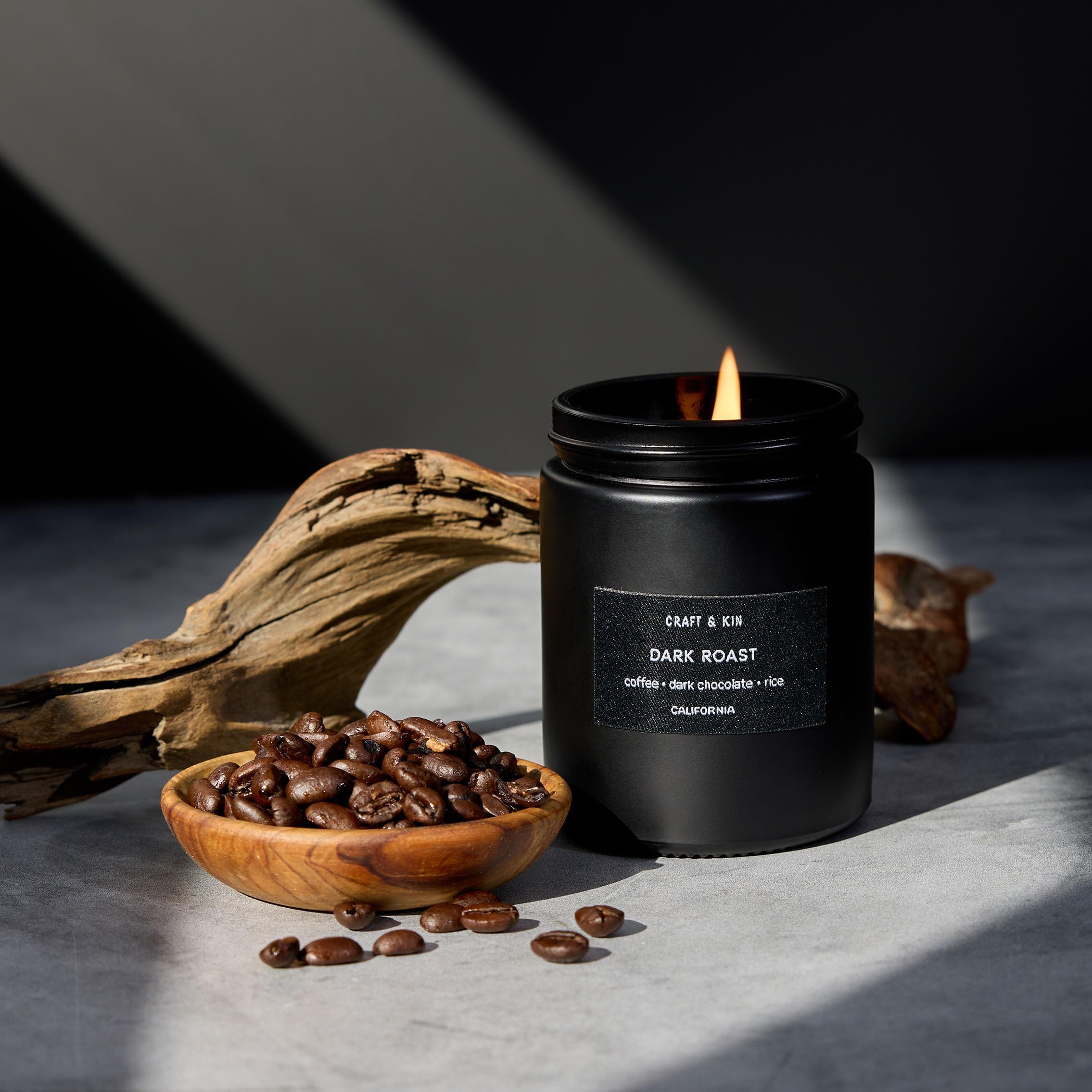 Craft & Kin dark roast coffee candle label closeup highlights premium packaging and aroma.