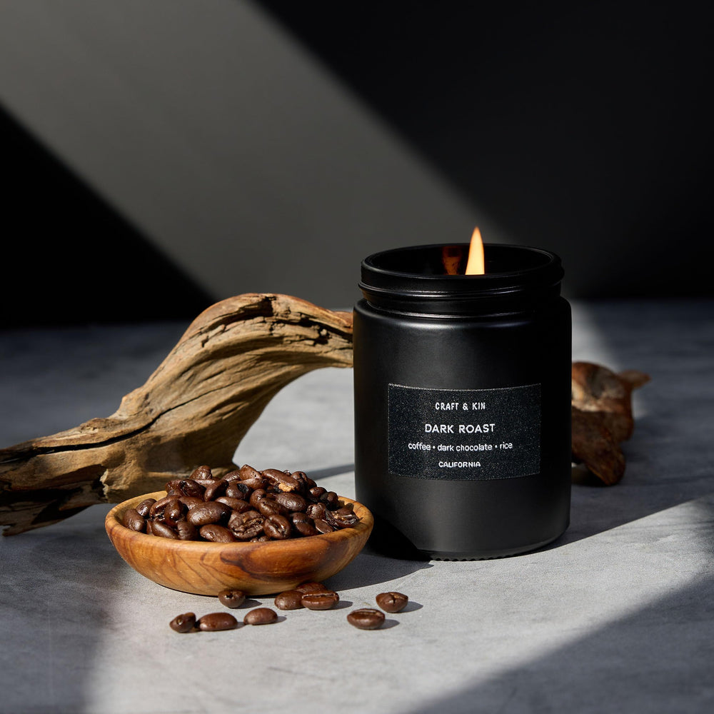 Craft & Kin dark roast coffee candle label closeup highlights premium packaging and aroma.