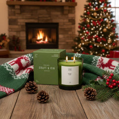 Craft & Kin Lavender Woods candle in gift-ready packaging for gifting