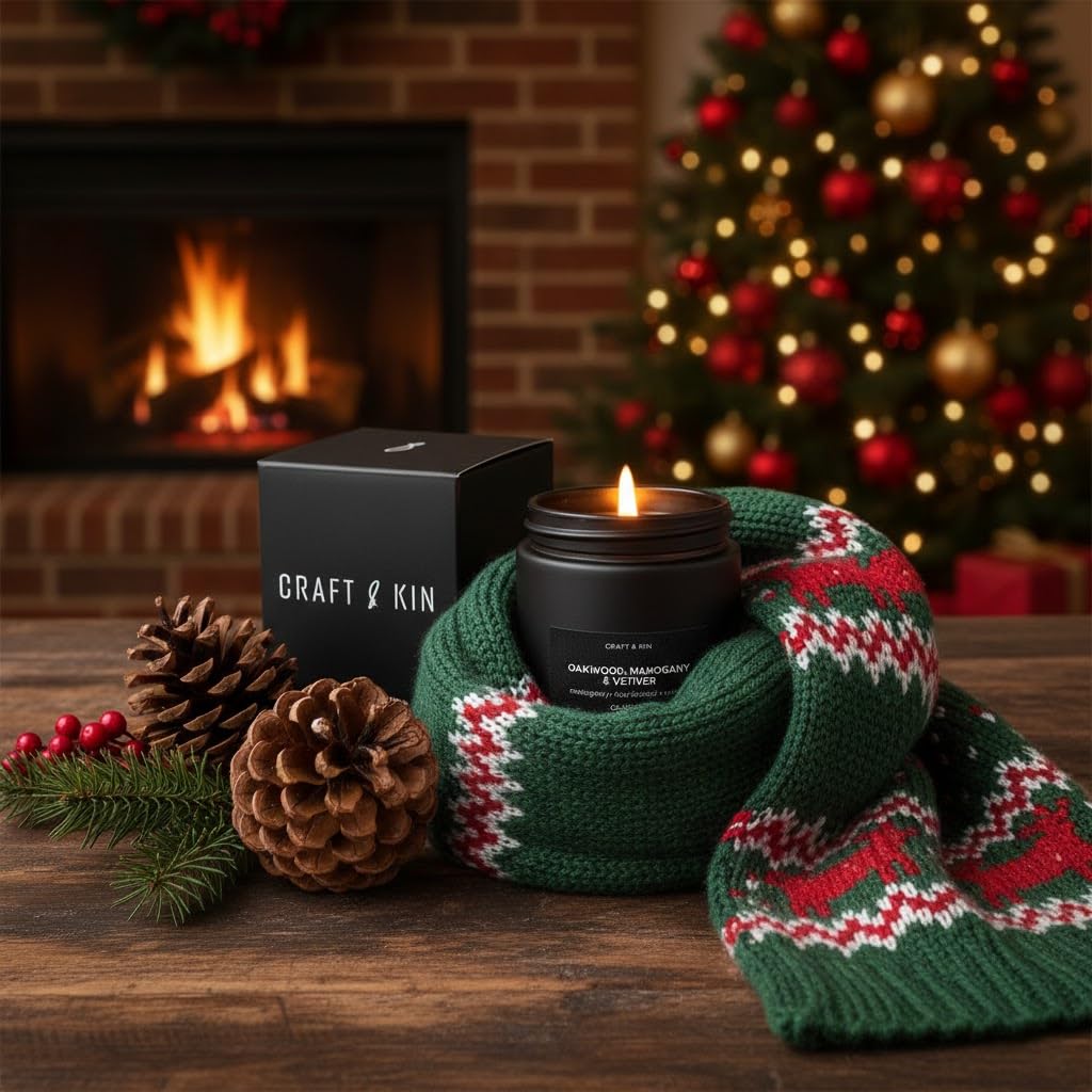 Craft & Kin candle lit with wick glow for cozy evenings