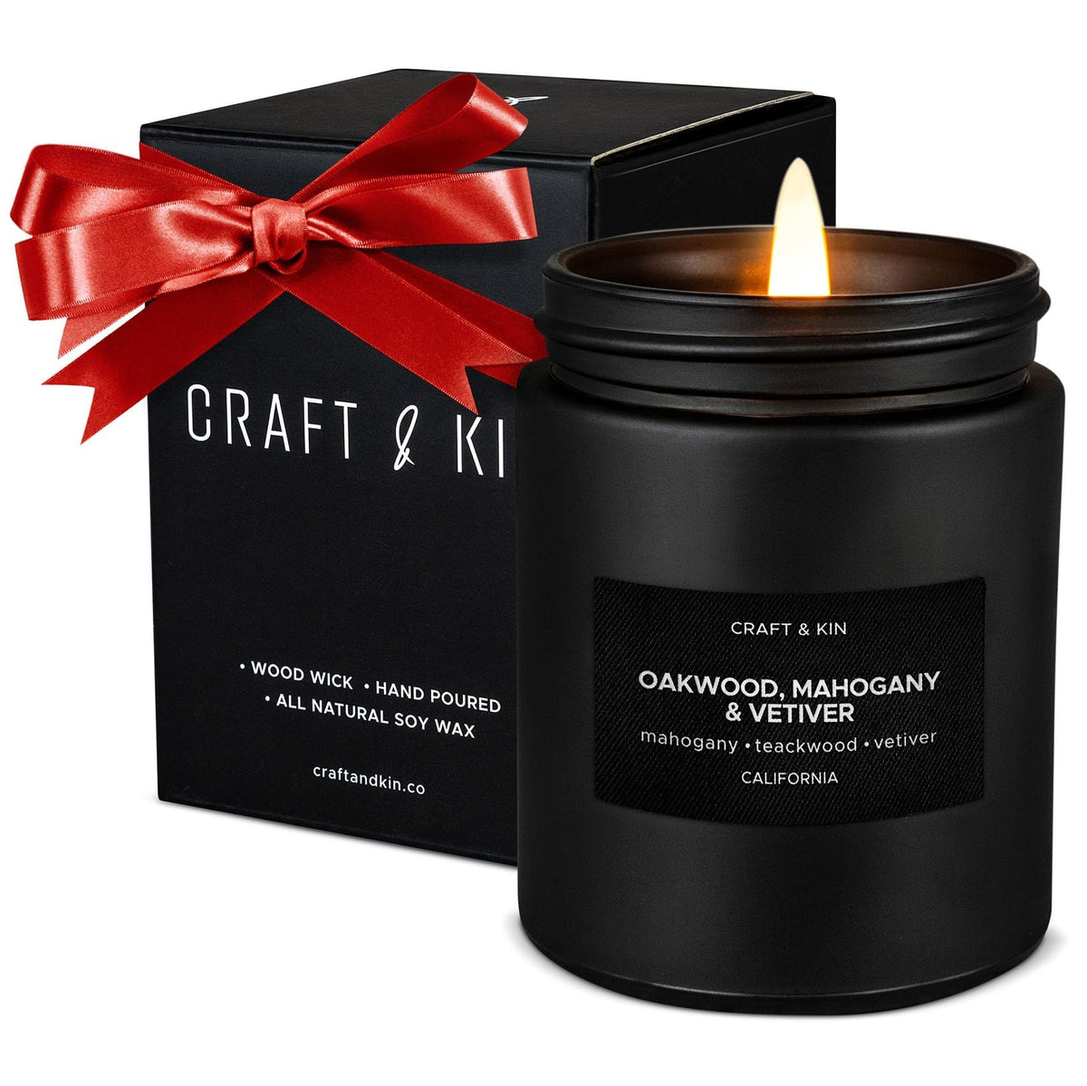 Craft & Kin oakwood mahogany vetiver candle jar with premium soy wax for a clean burn