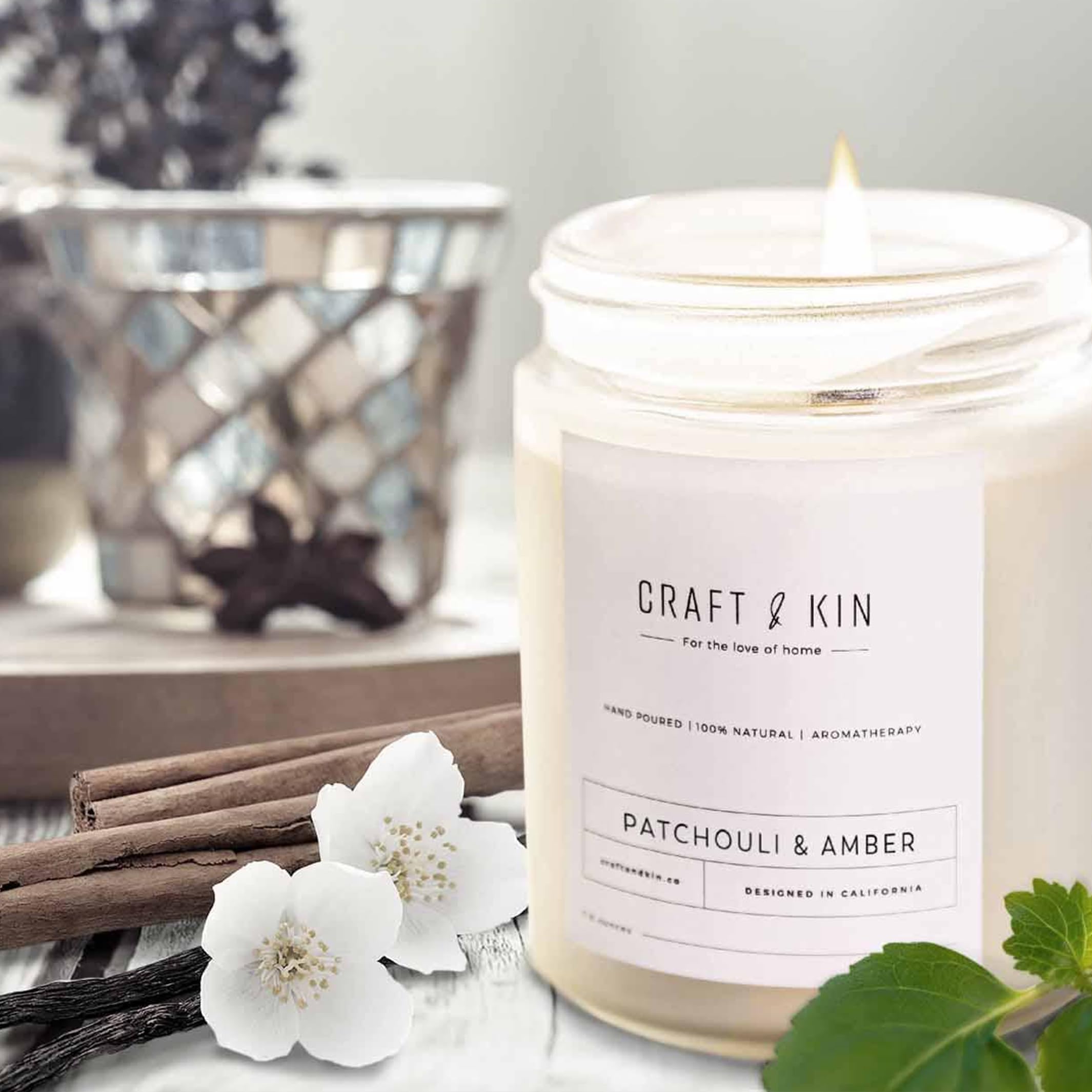 Craft & Kin Patchouli Amber candle simple burn preserves aroma with 45-hour life.