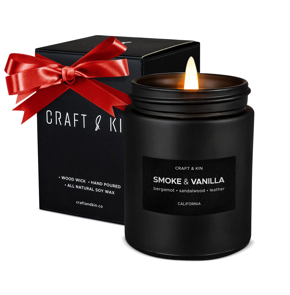 Craft & Kin Premium Smoke & Vanilla Candle in elegant gift packaging, ideal for gifting.