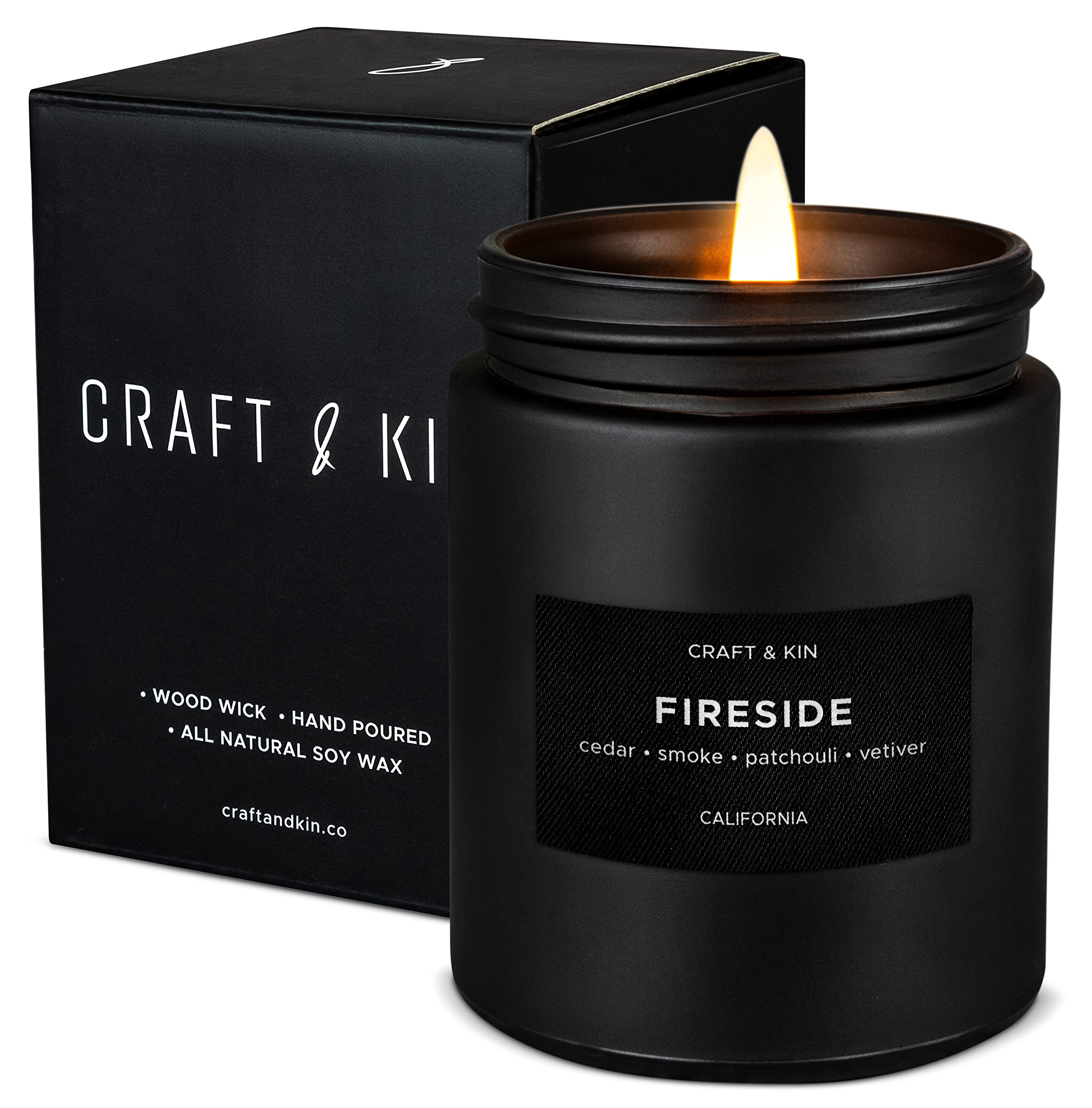 Craft & Kin smoky fireside candle in gift box enhances masculine holiday ambiance