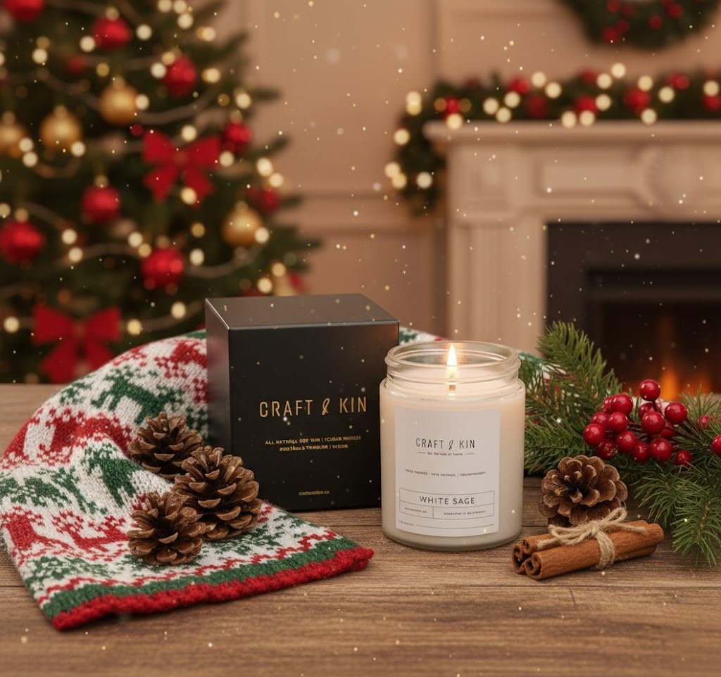 Craft & Kin soy candle packaging showcases premium non toxic holiday scent