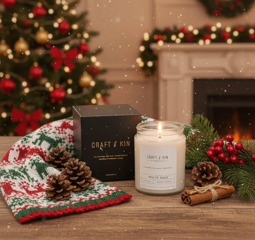 Craft & Kin soy candle packaging showcases premium non toxic holiday scent