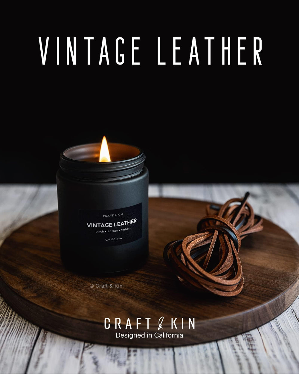 Craft & Kin vintage leather candle packaging shown for gifting.