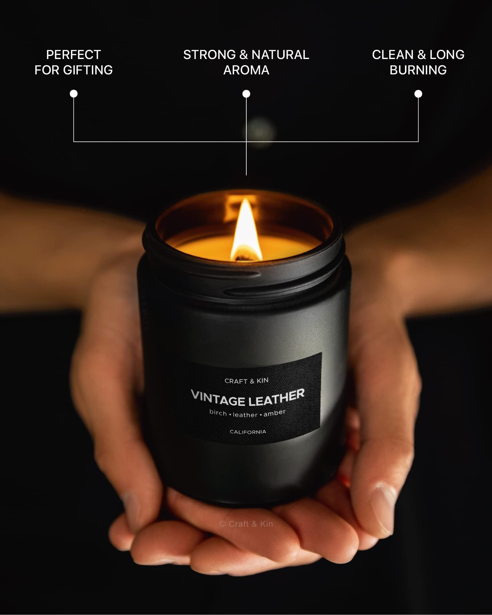 Wood wick detail on Craft & Kin vintage leather candle with steady flame.