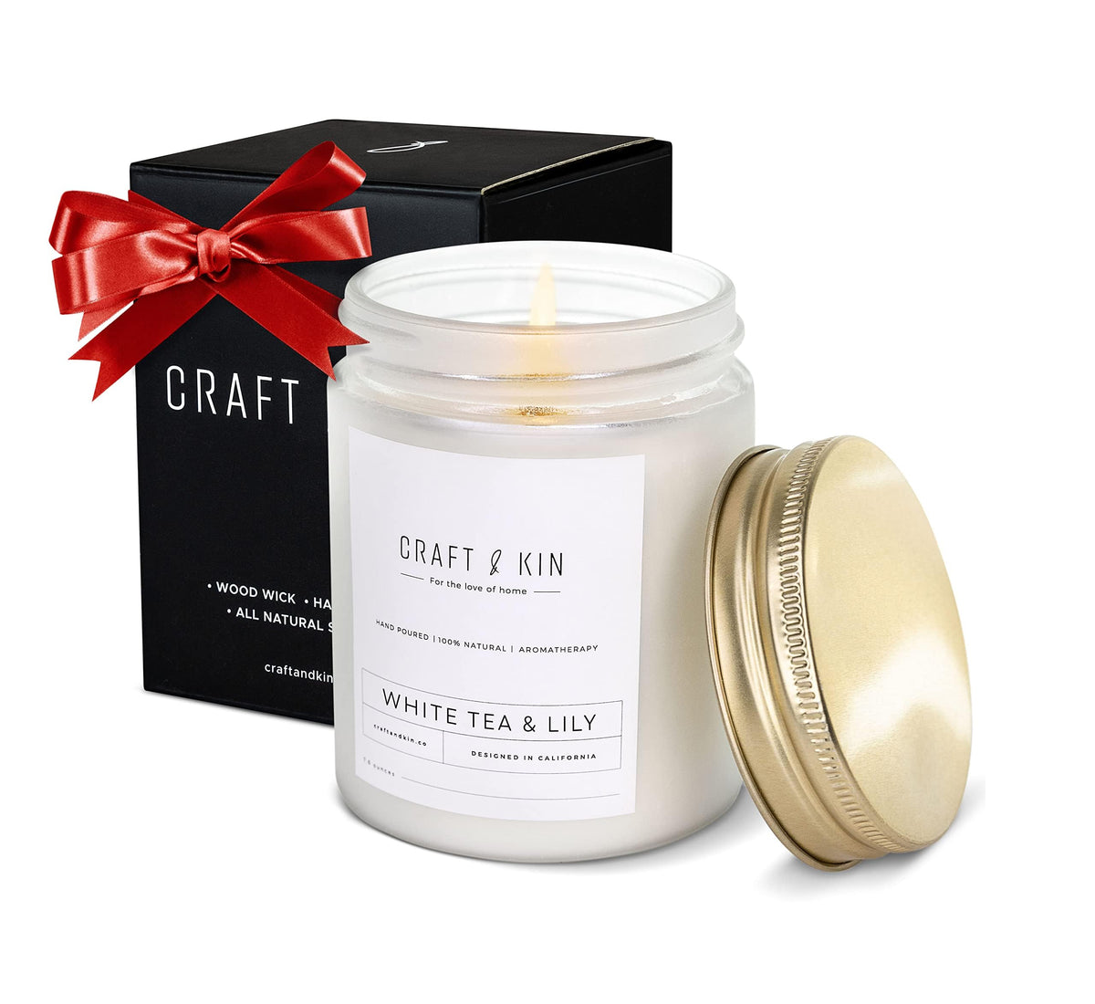 Craft & Kin White Tea & Lily candle 8oz jar for cozy ambiance.