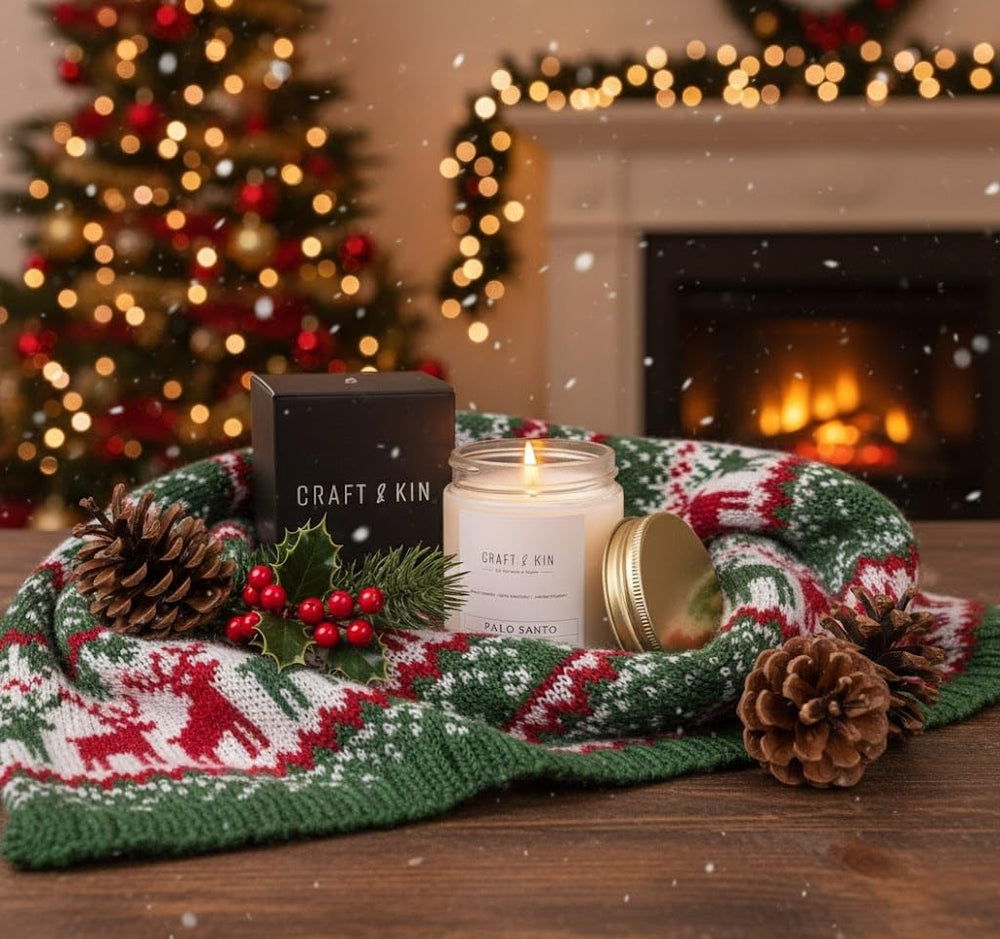 Craft & Kin Palo Santo candle with wood wick and crackle