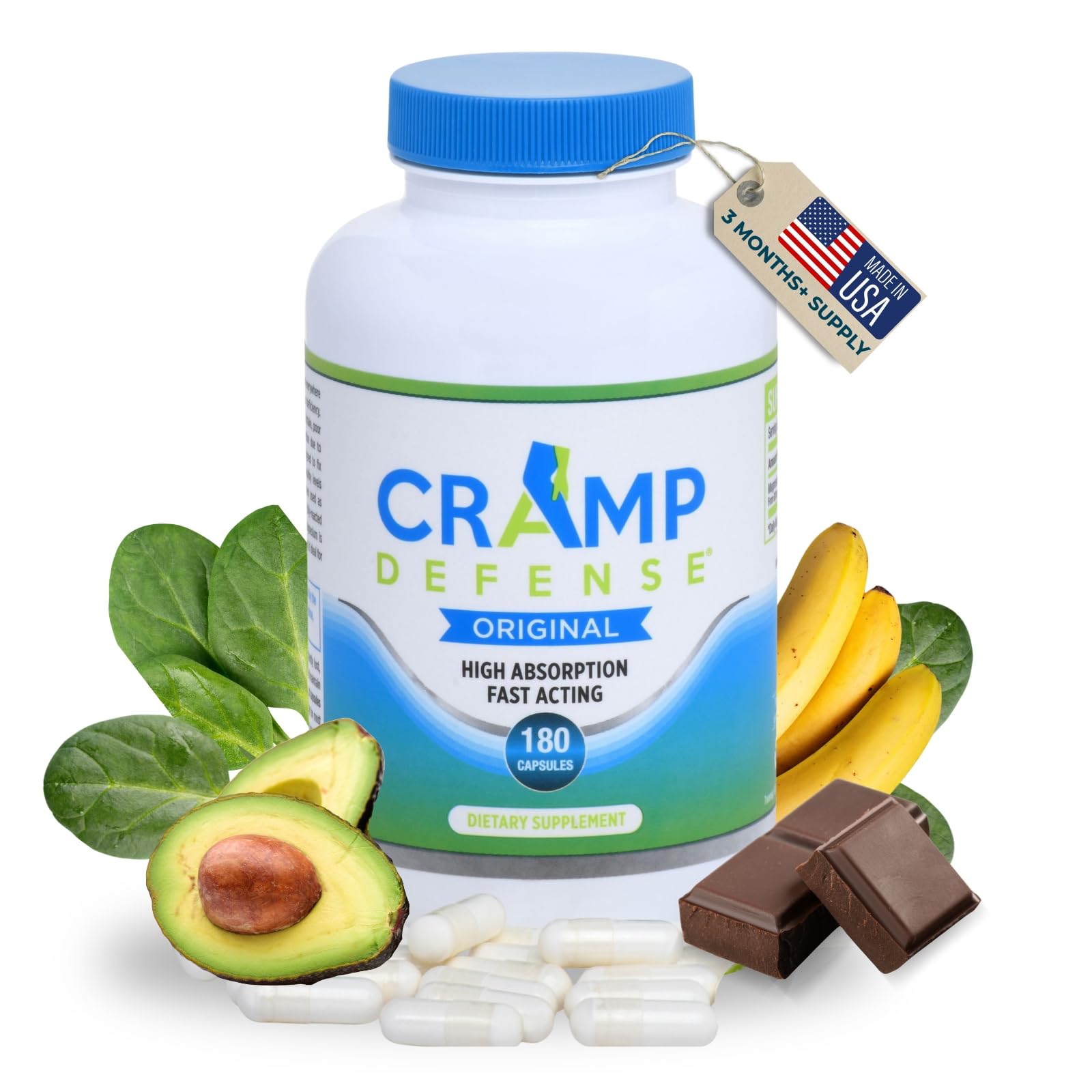 Cramp Defense organic magnesium capsules bottle on a table for daily support.