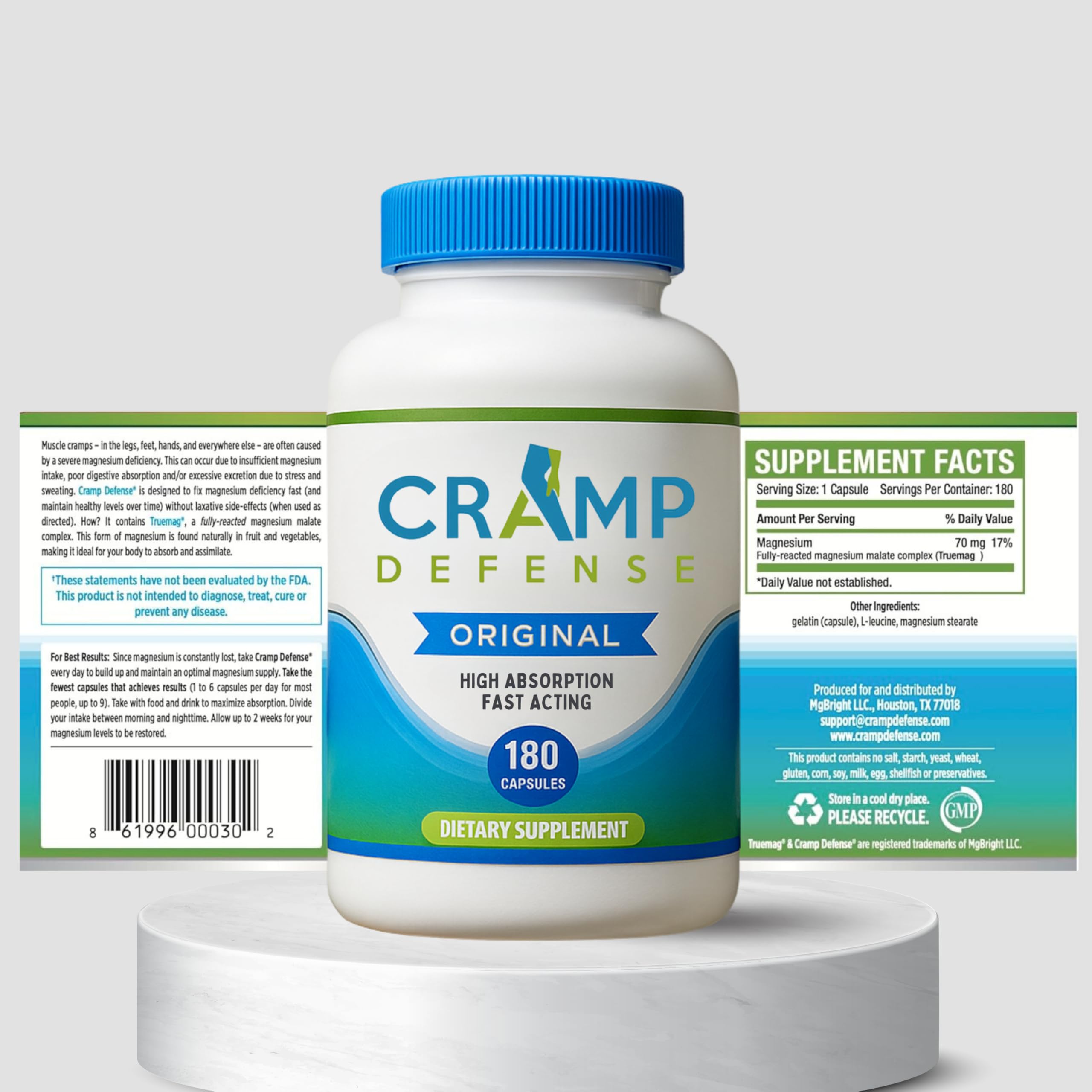 Cramp Defense packaging and bottle with pills visible for readability.