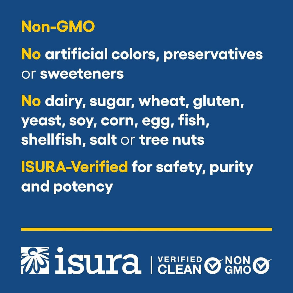 Capsule close-up highlighting dairy-free, gluten-free, and soy-free attributes.