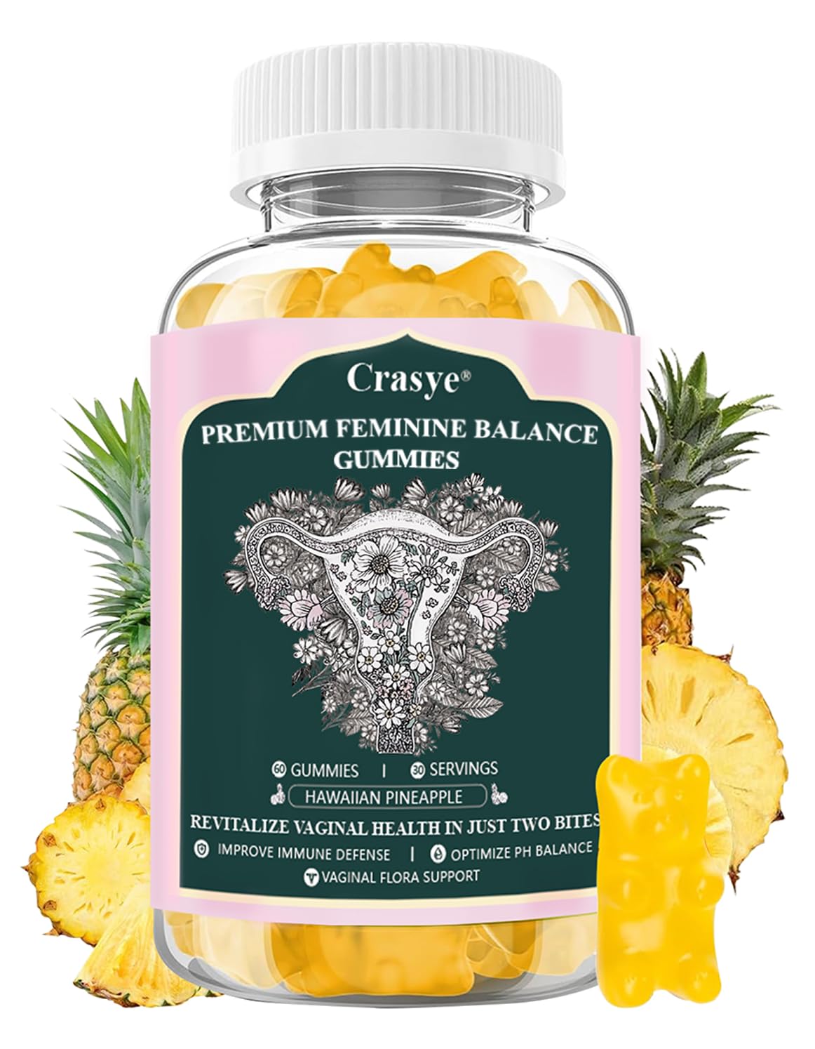 Crasye Premium Feminine Balance Gummies bottle pour showing easy daily pH balance support