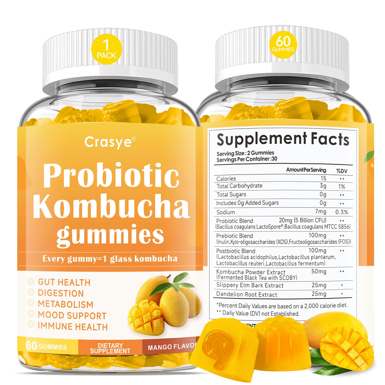 Crasye Probiotic Kombucha Gummies bottle front, mango flavor, for daily digestive support