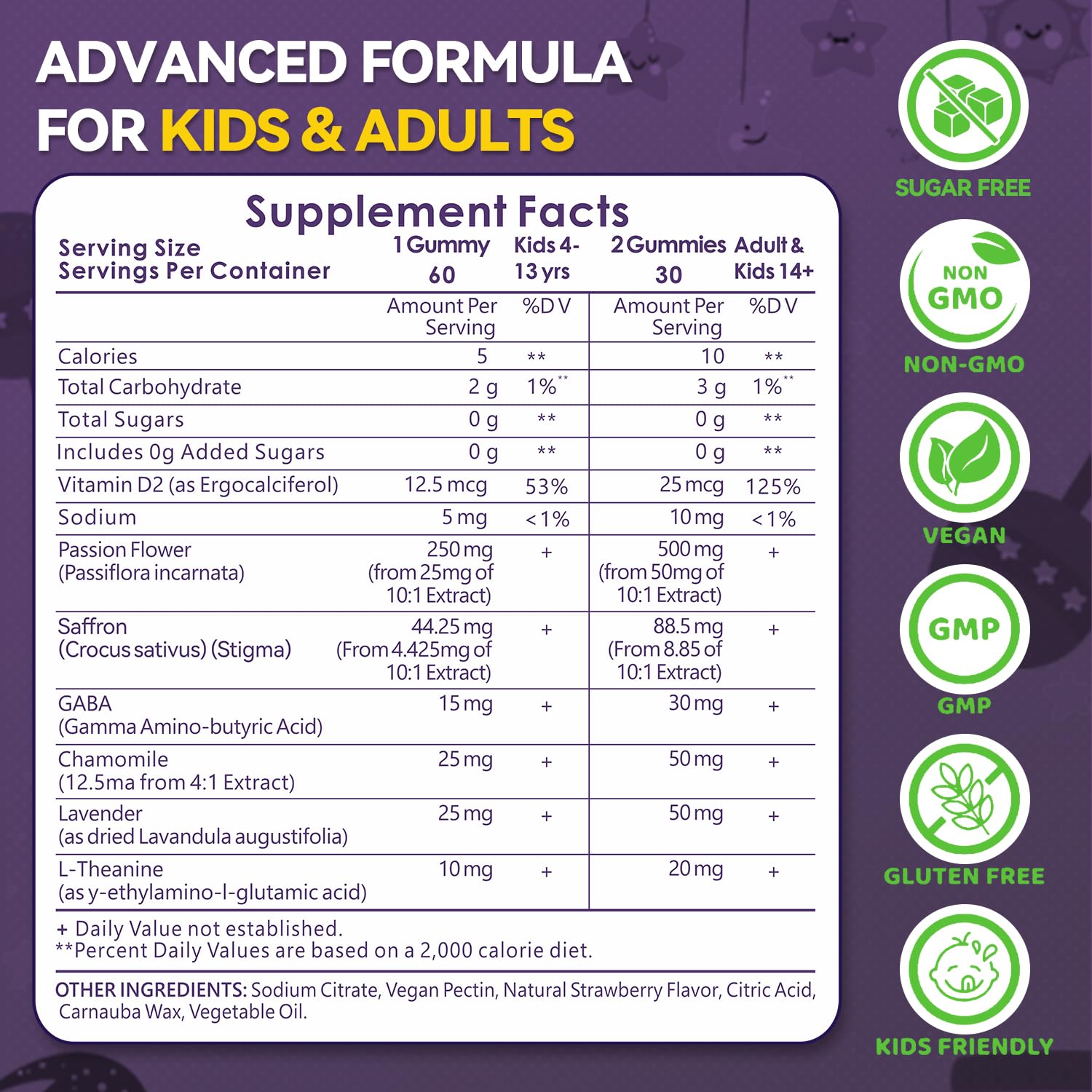 Crasye saffron gummies for kids back of bottle showing label and ingredients.