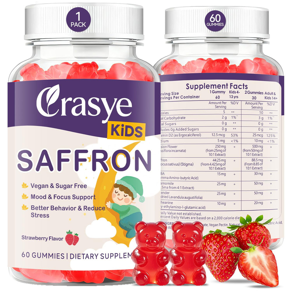 Crasye saffron gummies for kids on a bottle, promoting calm mood and focused daily routines.