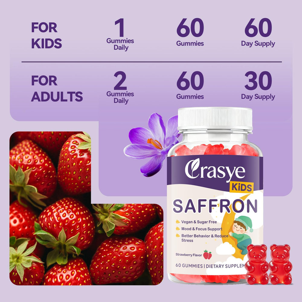 Kids on the go with Crasye saffron gummies for convenient daily use.