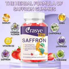 Strawberry-flavored Crasye saffron gummies for kids shown in packaging.