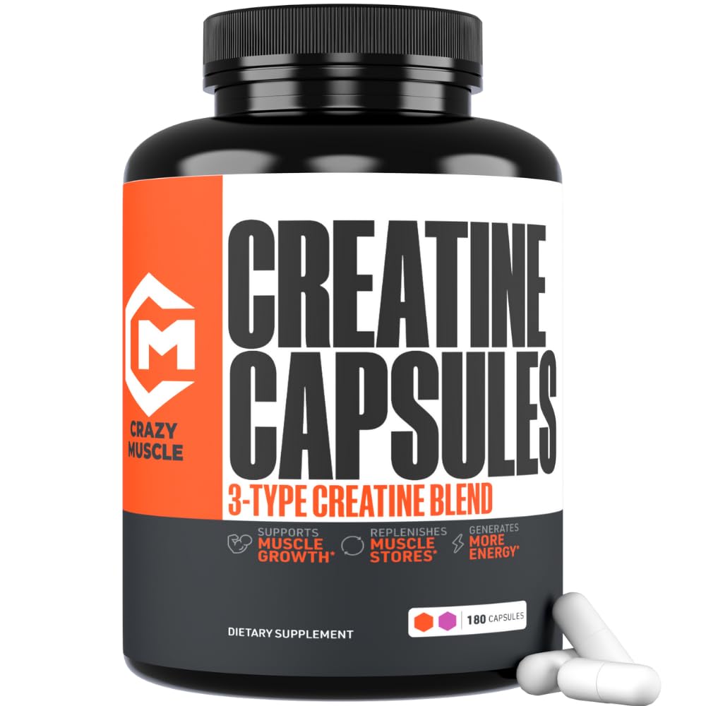 Crazy Muscle creatine capsules bottle showing convenient daily dosing for workouts