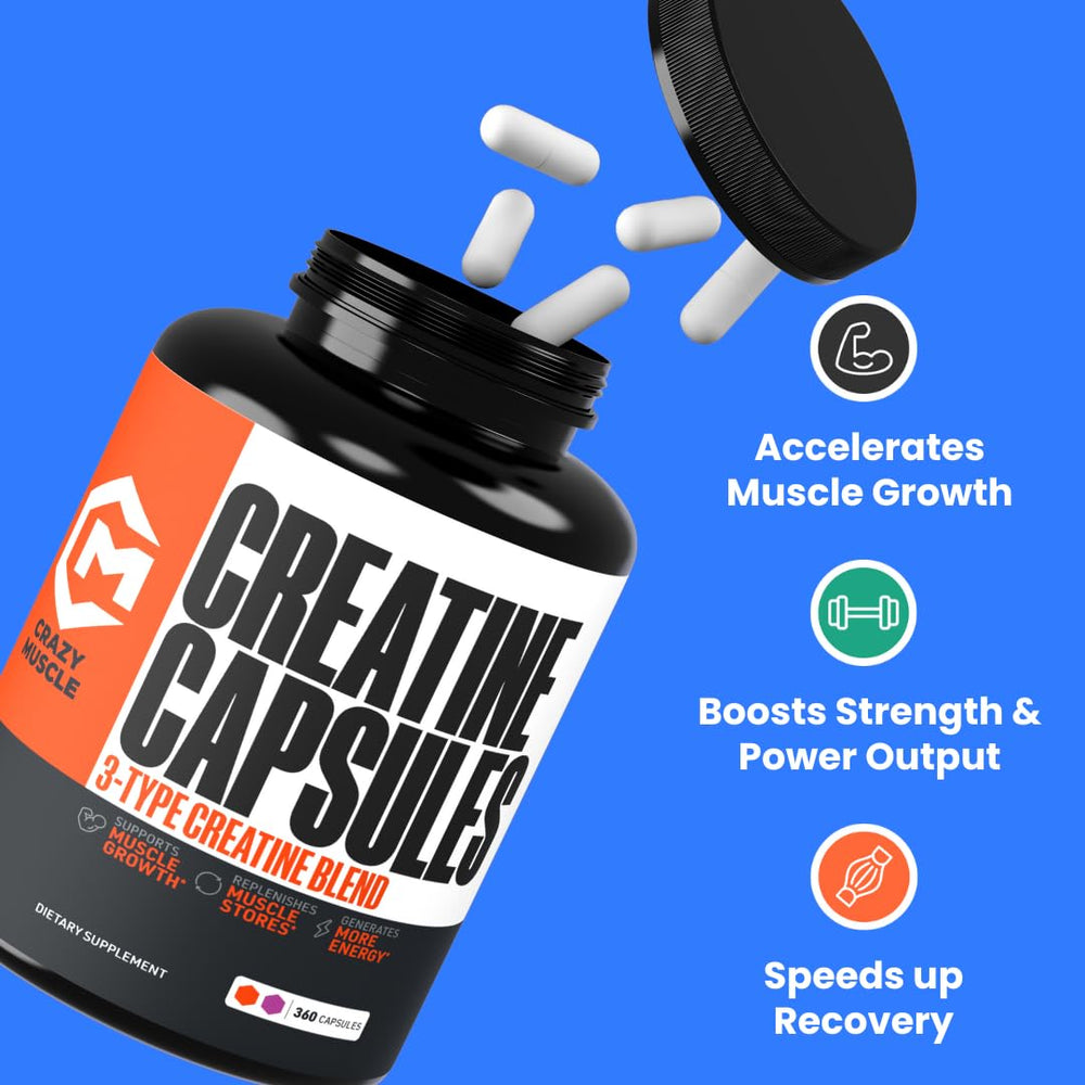 Close-up of Crazy Muscle ThreeAtine bottle highlighting premium blend