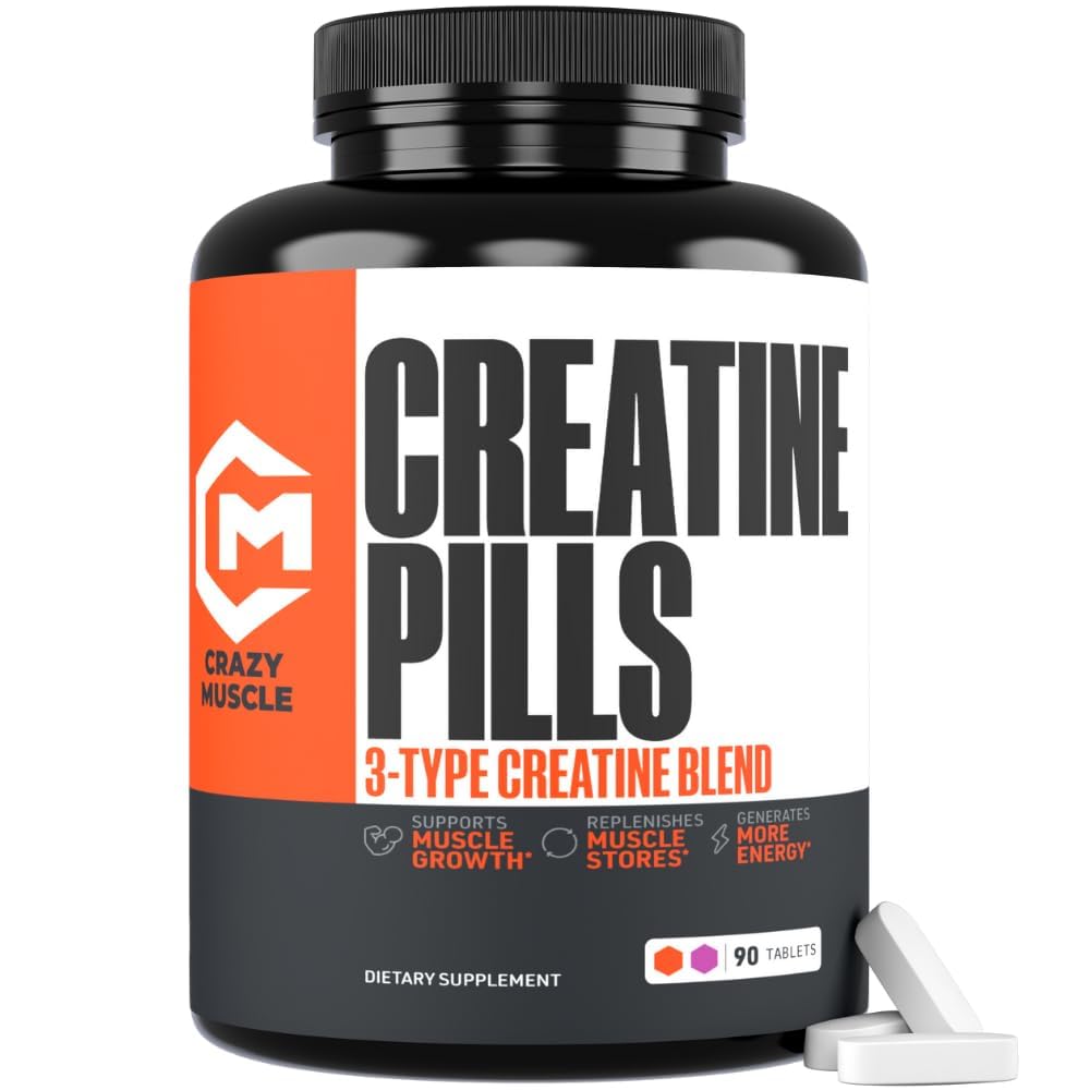 Crazy Muscle Threeatine pill bottle demonstrates convenient daily support for workouts.