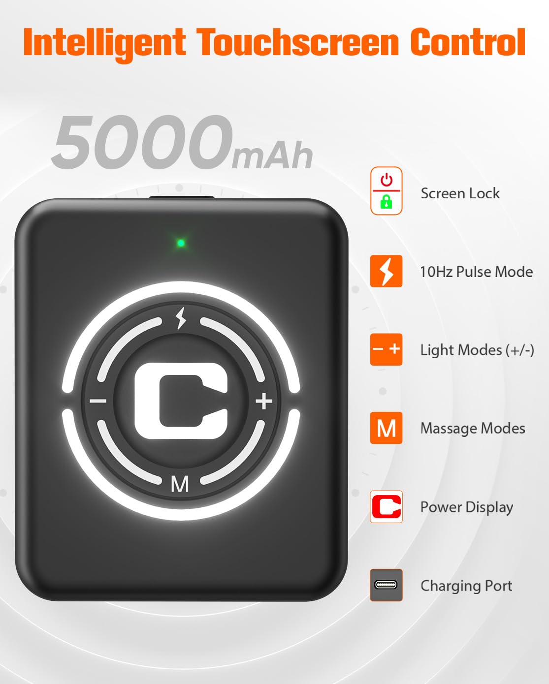 CRAZYTECH intelligent touchscreen control for adjusting vibration and light modes.