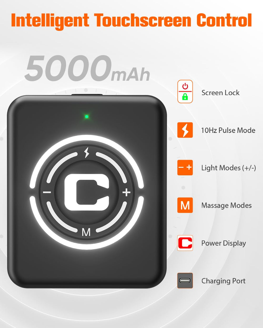 CRAZYTECH intelligent touchscreen control for adjusting vibration and light modes.
