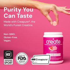 Create Creatine Monohydrate Gummies Watermelon label emphasizes vegan and gluten-free ingredients.