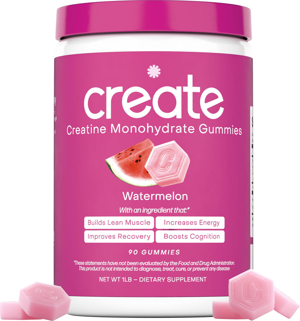 Create Creatine Monohydrate Gummies Watermelon pack close-up, convenient on-the-go supplementation.