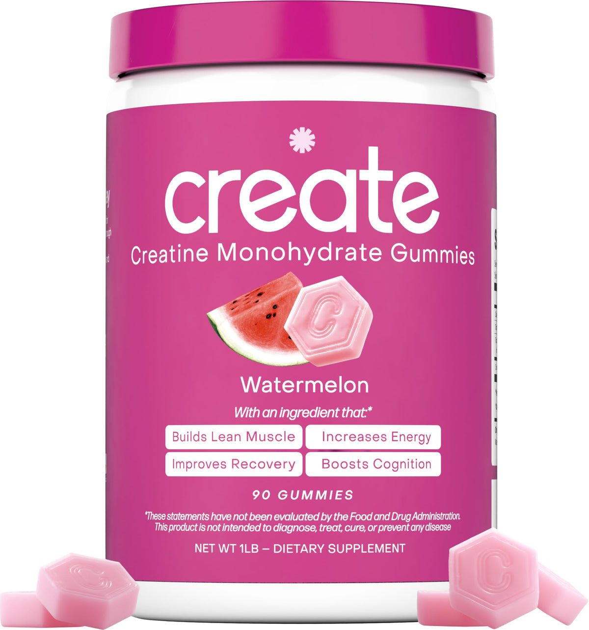 Create Creatine Monohydrate Gummies Watermelon pack close-up, convenient on-the-go supplementation.