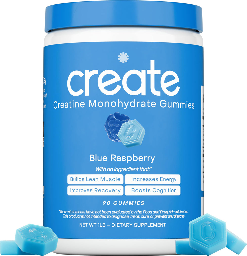 Create blue raspberry creatine gummies in a bottle highlighting performance support.