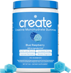 Create blue raspberry creatine gummies in a bottle highlighting performance support.